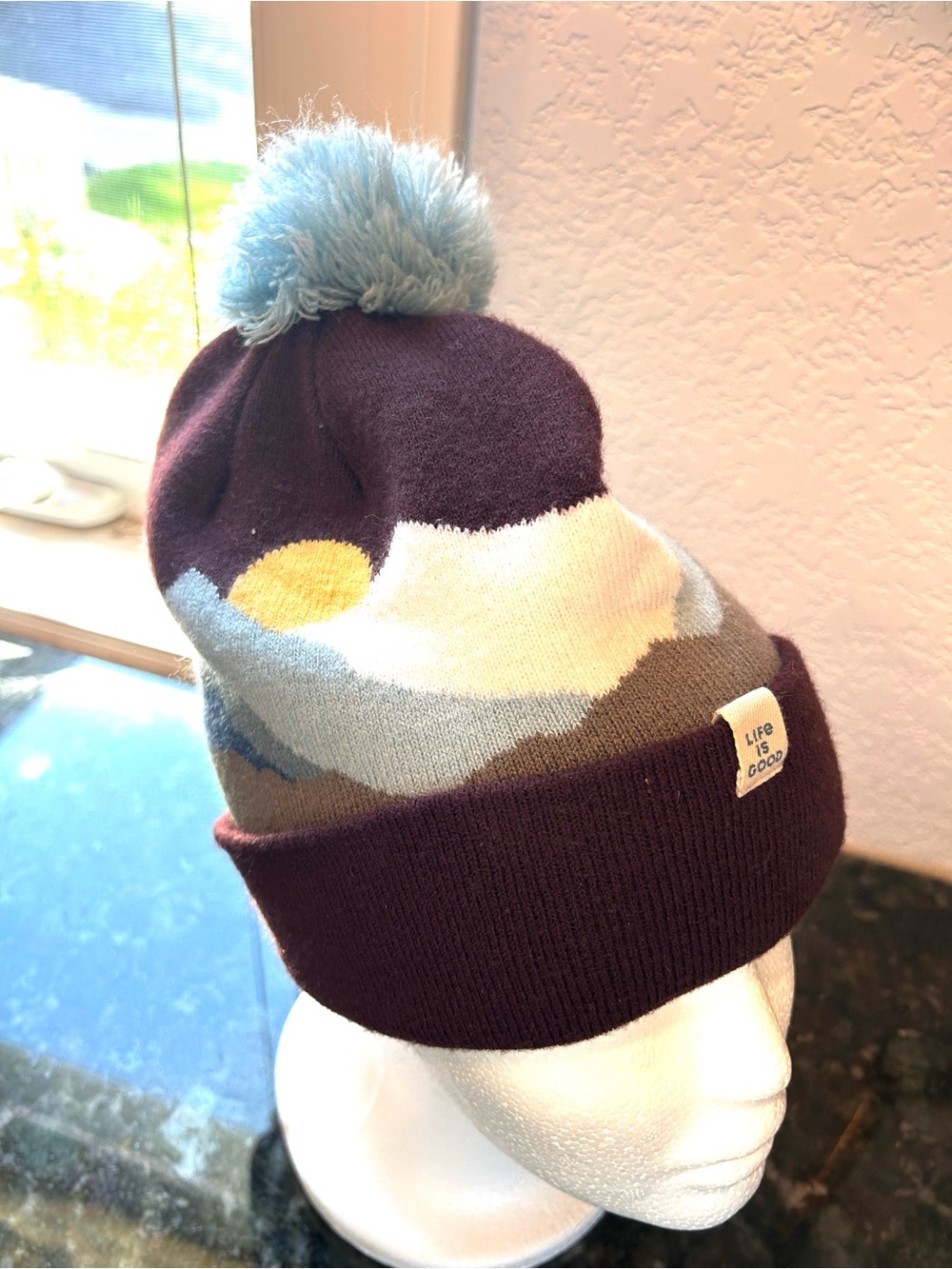 Life is Good Mountain Scene Knit Beanie Hat w Pom Pom. Outdoor. Mountains.